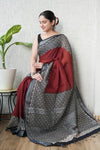 HAND BLOCK BLACK & WHITE PRINTED COTTON LINEN SAREE WITH BLOUSE(LCS142)