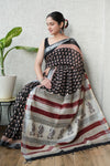 HAND BLOCK BLACK & WHITE PRINTED COTTON LINEN SAREE WITH BLOUSE(LCS143)