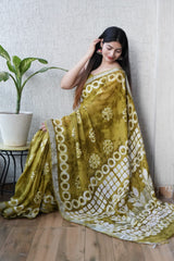 HAND BLOCK BLACK & WHITE PRINTED COTTON LINEN SAREE WITH BLOUSE(LCS148)