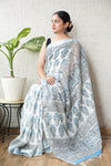 HAND BLOCK BLACK & WHITE PRINTED COTTON LINEN SAREE WITH BLOUSE(LCS149)