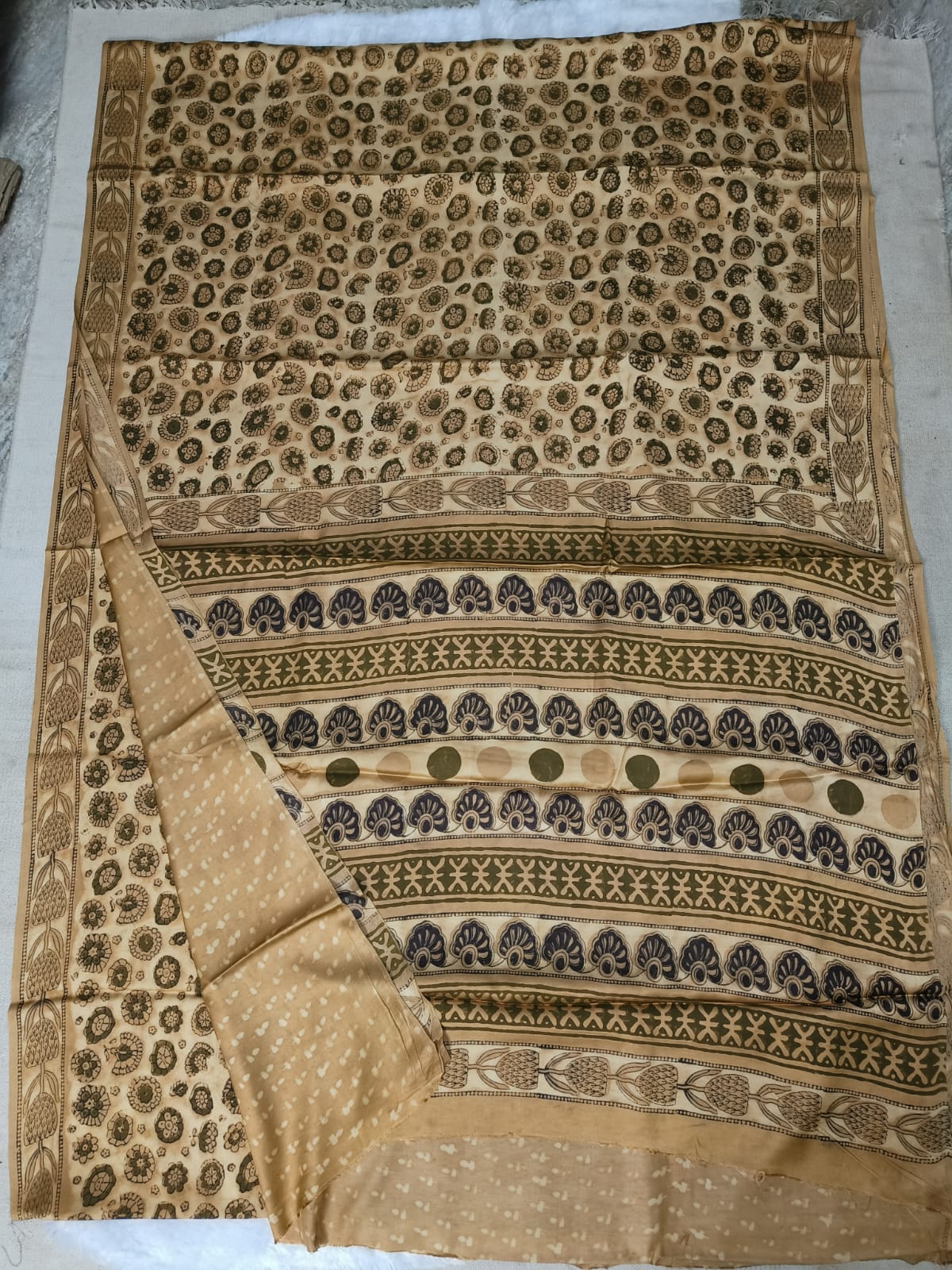 Ajrakh Hand Block Bagru Vanspati Printend Modal Silk Saree with Blouse (CID85)