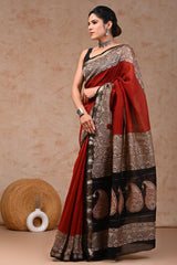 Jaipuri Hand Block Bagru Printed Maheshwari Silk Saree With Blouse (MSS89)