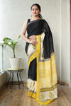 HAND BLOCK BLACK & WHITE PRINTED COTTON LINEN SAREE WITH BLOUSE(LCS150)
