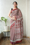 HAND BLOCK BLACK & WHITE PRINTED COTTON LINEN SAREE WITH BLOUSE(LCS151)