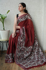 HAND BLOCK BLACK & WHITE PRINTED COTTON LINEN SAREE WITH BLOUSE(LCS152)