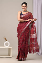 HAND BLOCK BLACK & WHITE PRINTED COTTON LINEN SAREE WITH BLOUSE(LCS160)
