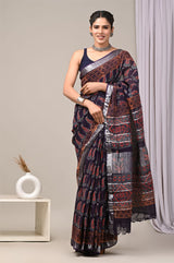 HAND BLOCK BLACK & WHITE PRINTED COTTON LINEN SAREE WITH BLOUSE(LCS161)