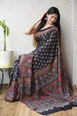 HAND BLOCK PRINTED AJRAKH MODAL SILK SAREE (CIG67)
