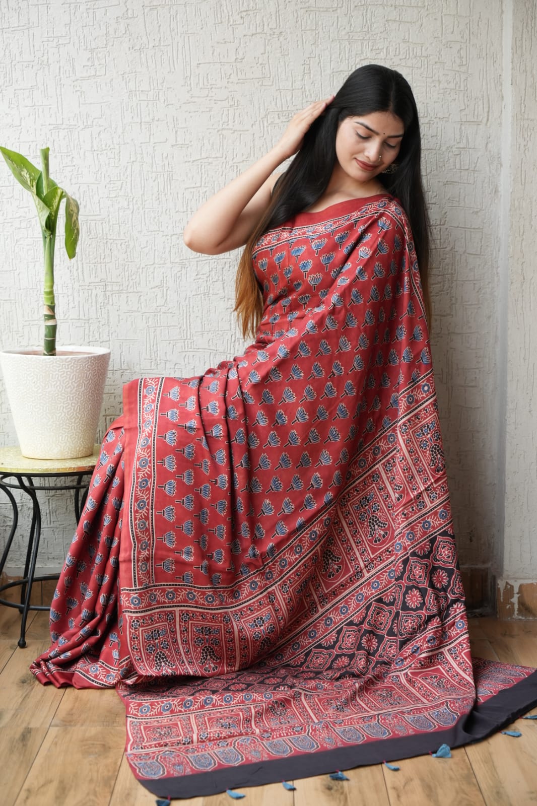 HAND BLOCK PRINTED AJRAKH MODAL SILK SAREE (CIG61)