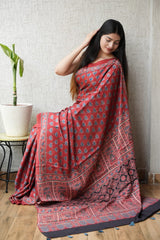 HAND BLOCK PRINTED AJRAKH MODAL SILK SAREE (CIG61)