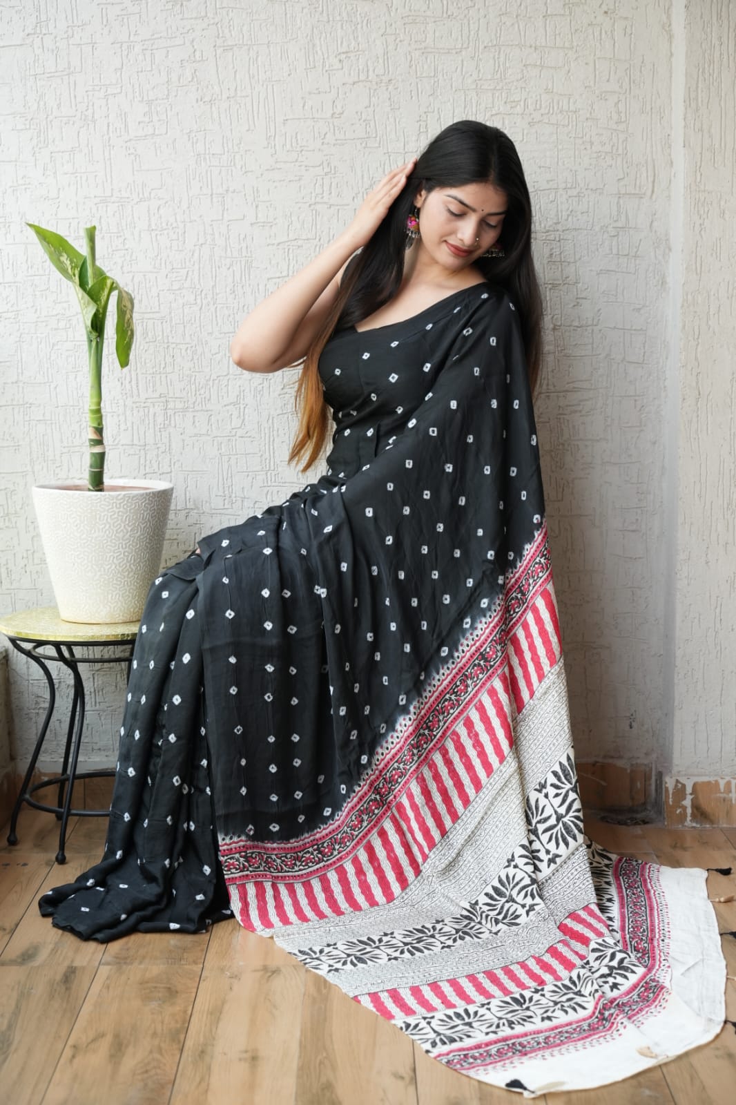 HAND BLOCK PRINTED AJRAKH MODAL SILK SAREE (CIG70)