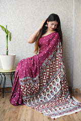 HAND BLOCK PRINTED AJRAKH MODAL SILK SAREE (CIG66)