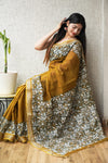 HAND BLOCK BLACK & WHITE PRINTED COTTON LINEN SAREE WITH BLOUSE(LCS164)
