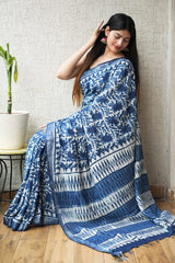 HAND BLOCK BLACK & WHITE PRINTED COTTON LINEN SAREE WITH BLOUSE(LCS168)