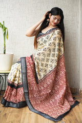 HAND BLOCK BLACK & WHITE PRINTED COTTON LINEN SAREE WITH BLOUSE(LCS169)