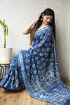 HAND BLOCK BLACK & WHITE PRINTED COTTON LINEN SAREE WITH BLOUSE(LCS172)