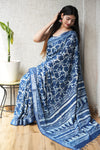 HAND BLOCK BLACK & WHITE PRINTED COTTON LINEN SAREE WITH BLOUSE(LCS173)