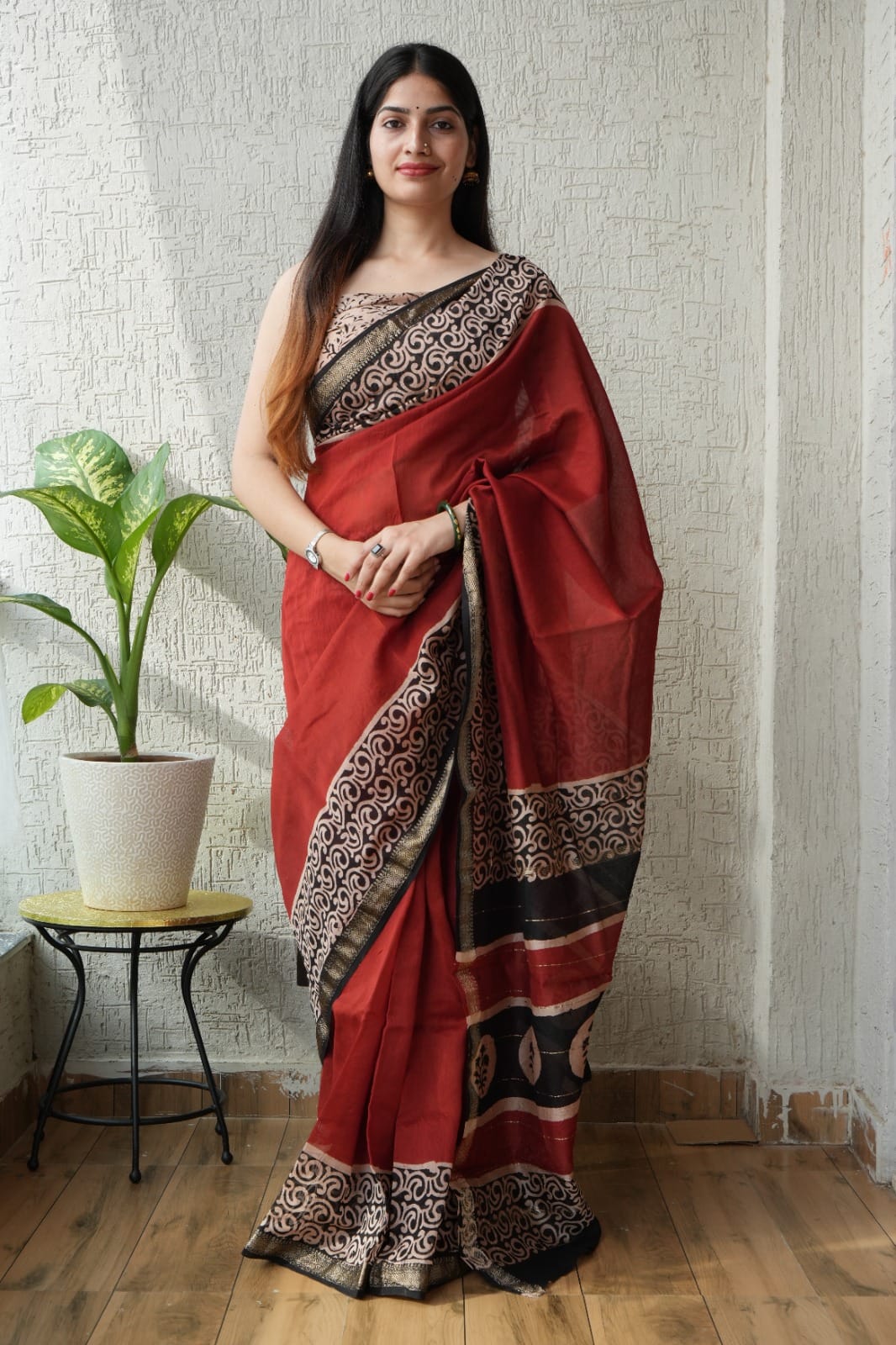 Jaipuri Hand Block Bagru Printed Maheshwari Silk Saree With Blouse (MSS155)