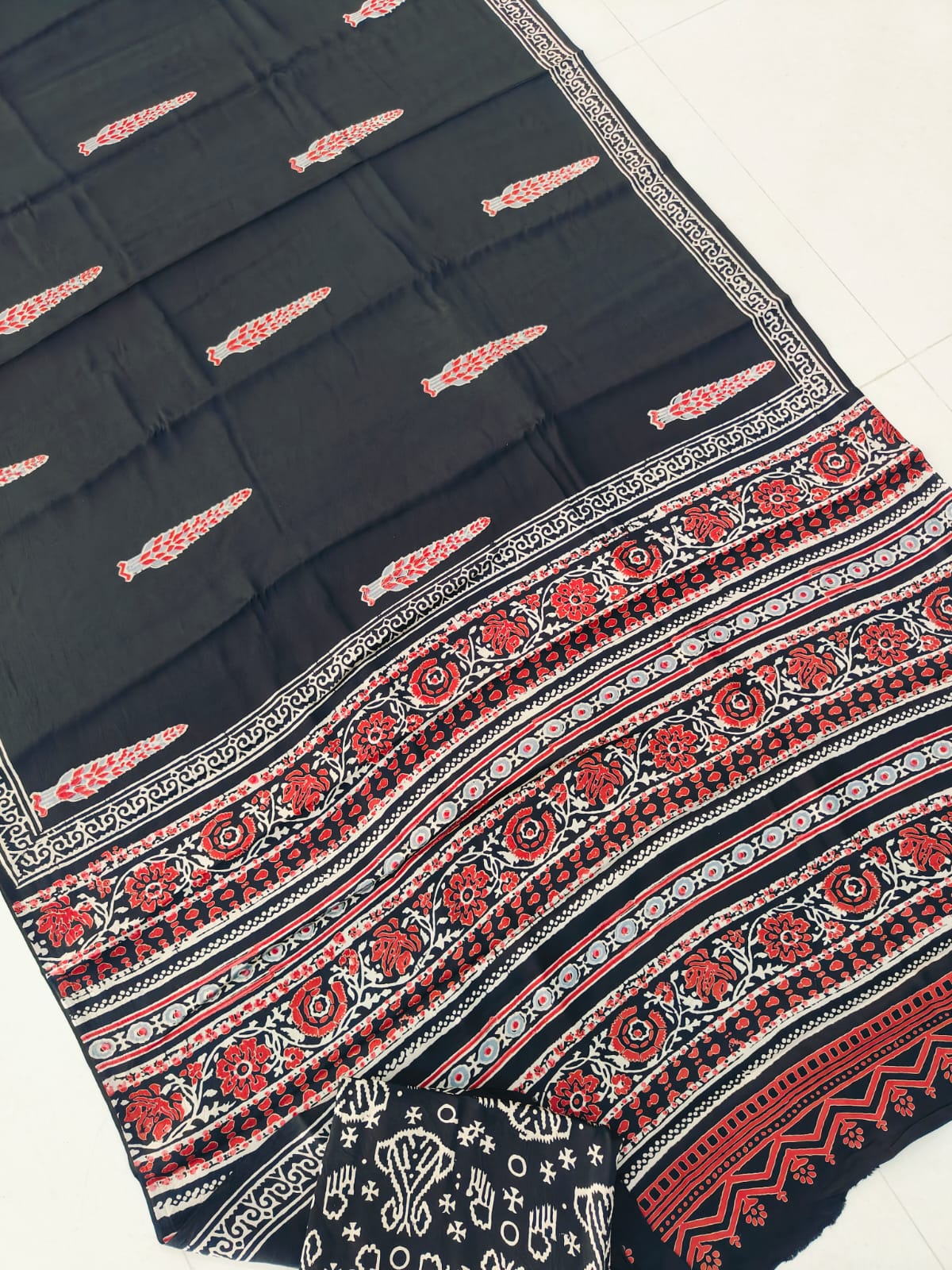 Ajrakh Hand Block Bagru Vanspati Printend Modal Silk Saree with Blouse (CID89)
