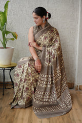 Ajrakh Hand Block Bagru Vanspati Printend Modal Silk Saree with Blouse (CID95)
