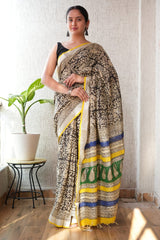HAND BLOCK BLACK & WHITE PRINTED COTTON LINEN SAREE WITH BLOUSE(LCS176)