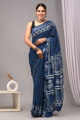 HAND BLOCK BLACK & WHITE PRINTED COTTON LINEN SAREE WITH BLOUSE(LCS178)