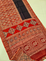 AJRAKH PRINTED PURE DOLA SILK SAREE WITH BLOUSE (MS55)