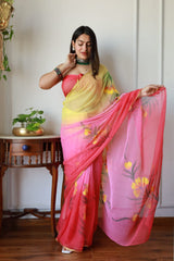 Hand Brush Painted Chiffon Saree with Blouse ( CIA 62)