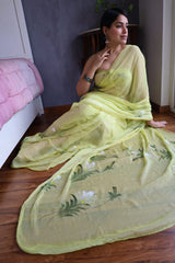 Hand Brush Painted Chiffon Saree with Blouse ( CIA65)