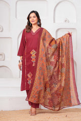 Maroon Pure Cotton Printed Suit Set with Dupatta