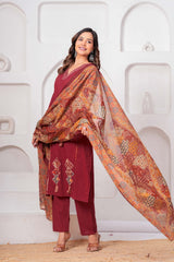 Maroon Pure Cotton Printed Suit Set with Dupatta