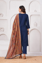 Navy Blue Pure Cotton Printed Suit Set with Dupatta
