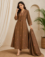 Brown Pure Cotton Embroidered Suit Set with Dupatta