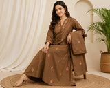 Brown Pure Cotton Embroidered Suit Set with Dupatta