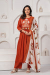 Rust Orange Embroidered Cotton Kurta Set with Pant