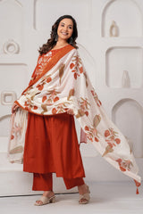 Rust Orange Embroidered Cotton Kurta Set with Pant
