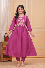 Magenta Pure Cotton Embroidered Kurta Set with Dupatta