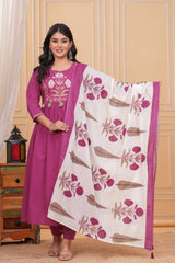 Magenta Pure Cotton Embroidered Kurta Set with Dupatta