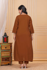 Brown Pure Cotton Embroidered Kurta Set with Dupatta