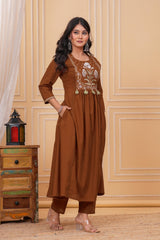 Brown Pure Cotton Embroidered Kurta Set with Dupatta