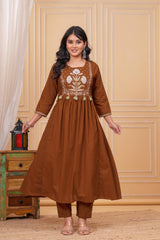 Brown Pure Cotton Embroidered Kurta Set with Dupatta