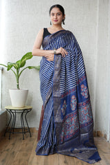 AJRAKH PRINTED PURE DOLA SILK SAREE WITH BLOUSE (MS43)